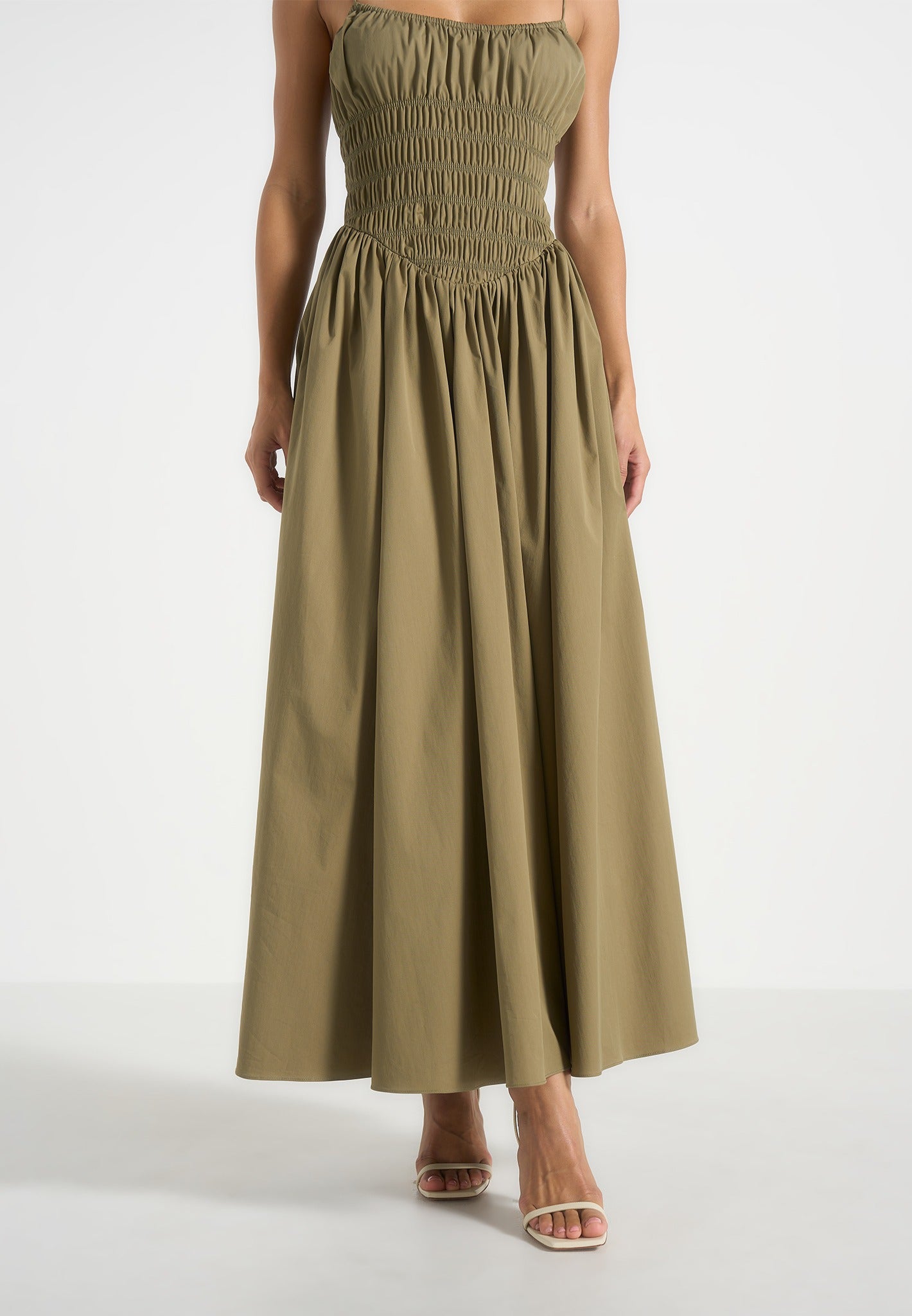 Elva - Smocked Waist Cotton Maxi Dress - Khaki