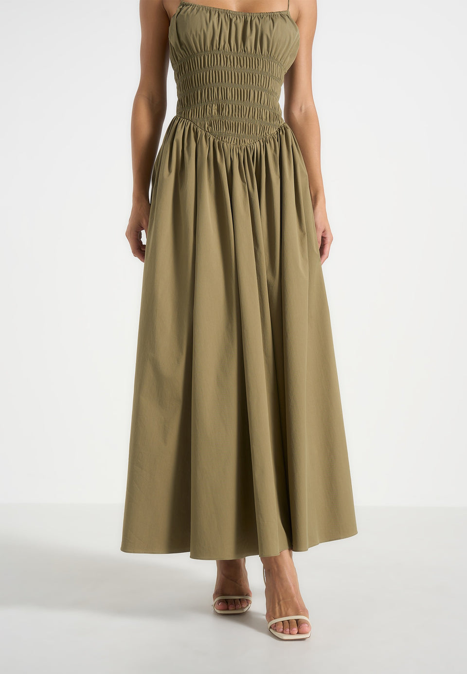 Elva - Smocked Waist Cotton Maxi Dress - Khaki