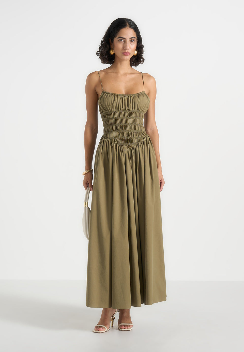 Elva - Smocked Waist Cotton Maxi Dress - Khaki