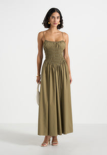 Elva - Smocked Waist Cotton Maxi Dress - Khaki