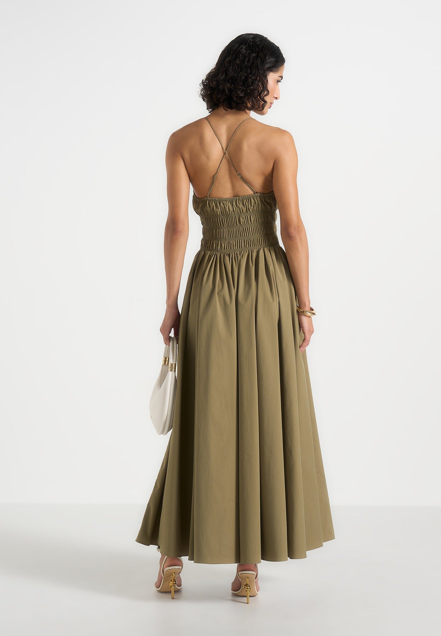 Elva - Smocked Waist Cotton Maxi Dress - Khaki
