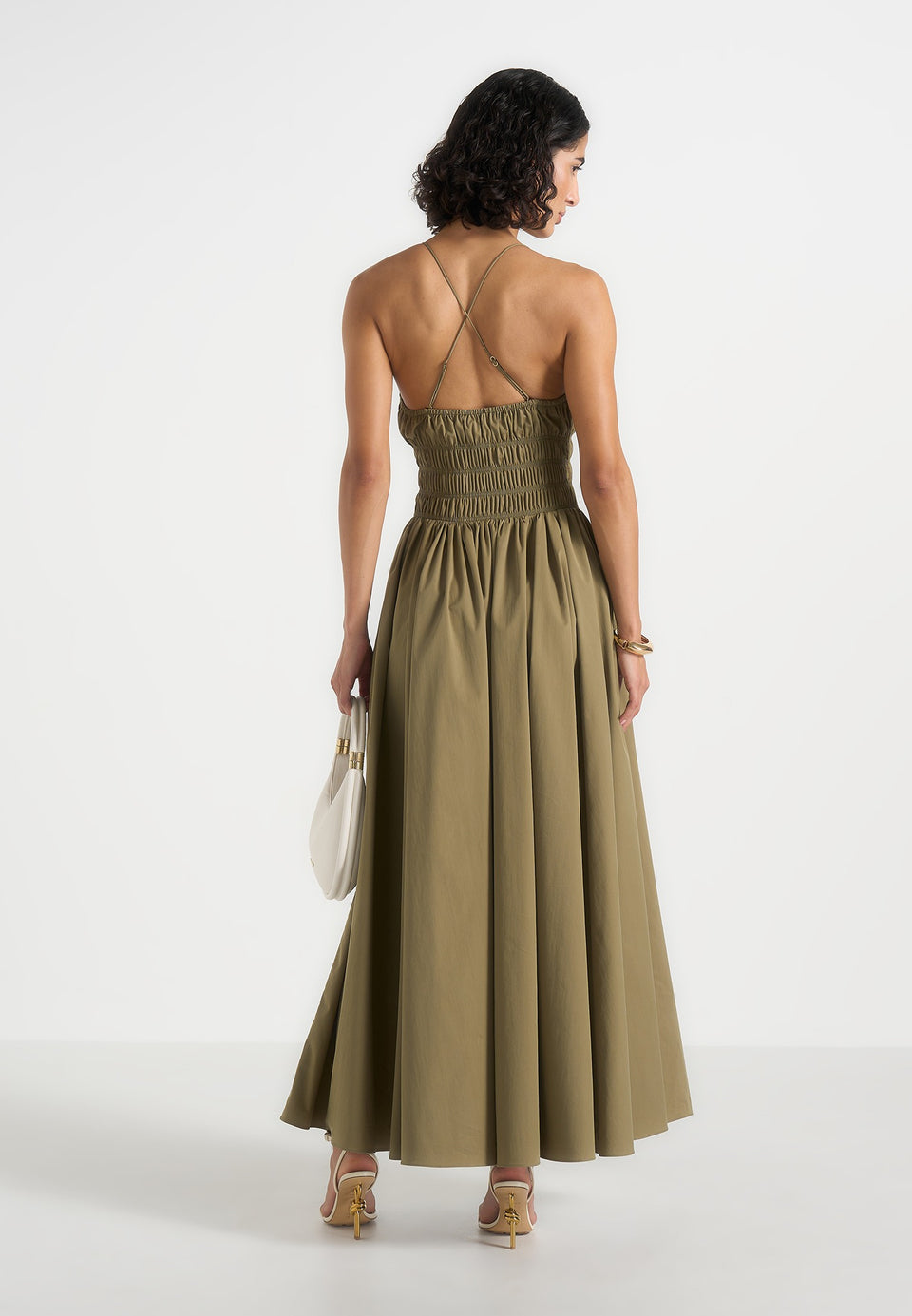 Elva - Smocked Waist Cotton Maxi Dress - Khaki