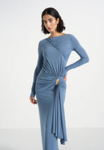Edena - Asym Ruched Draped Maxi Dress - Blue