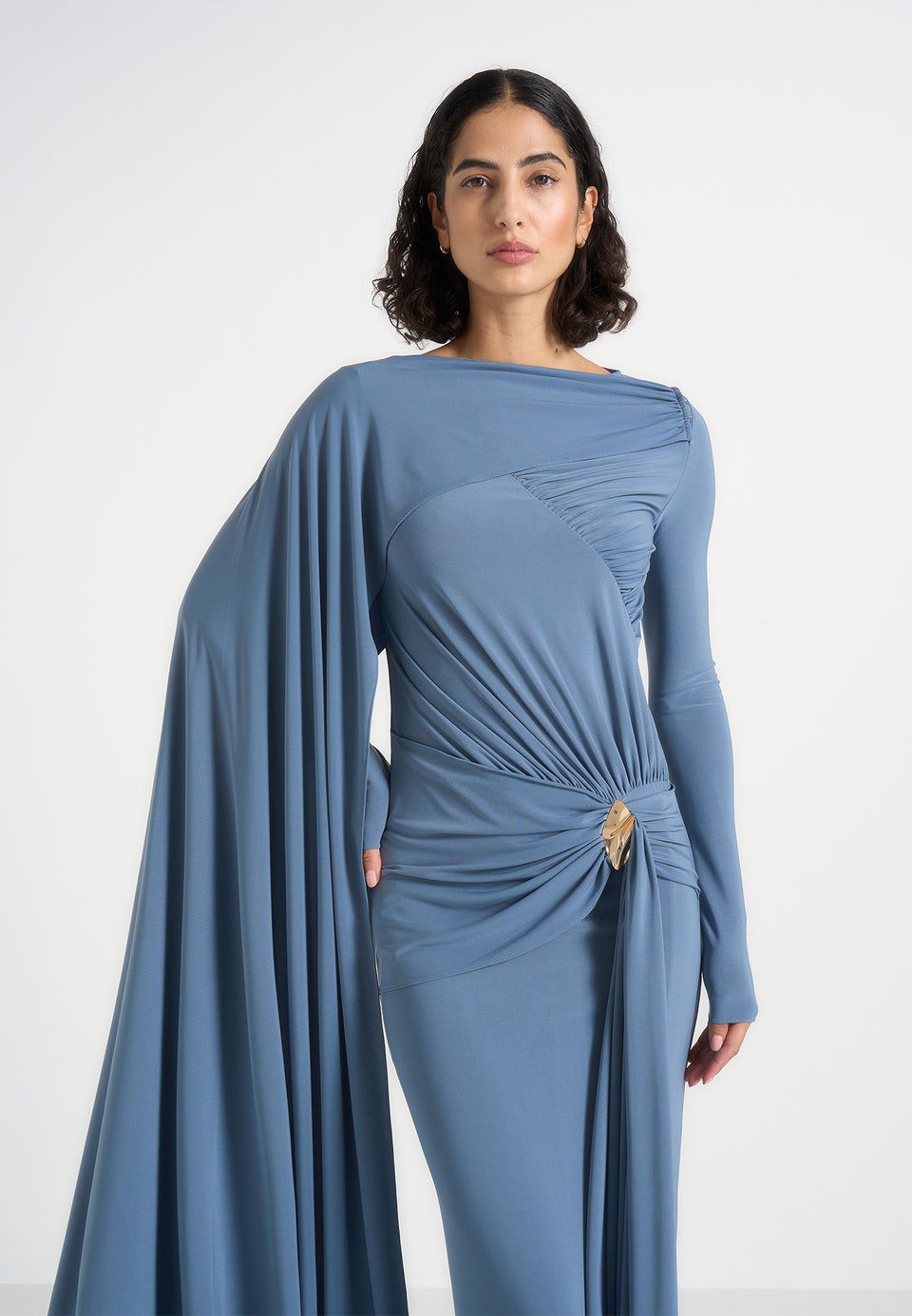 Edena - Asym Ruched Draped Maxi Dress - Blue