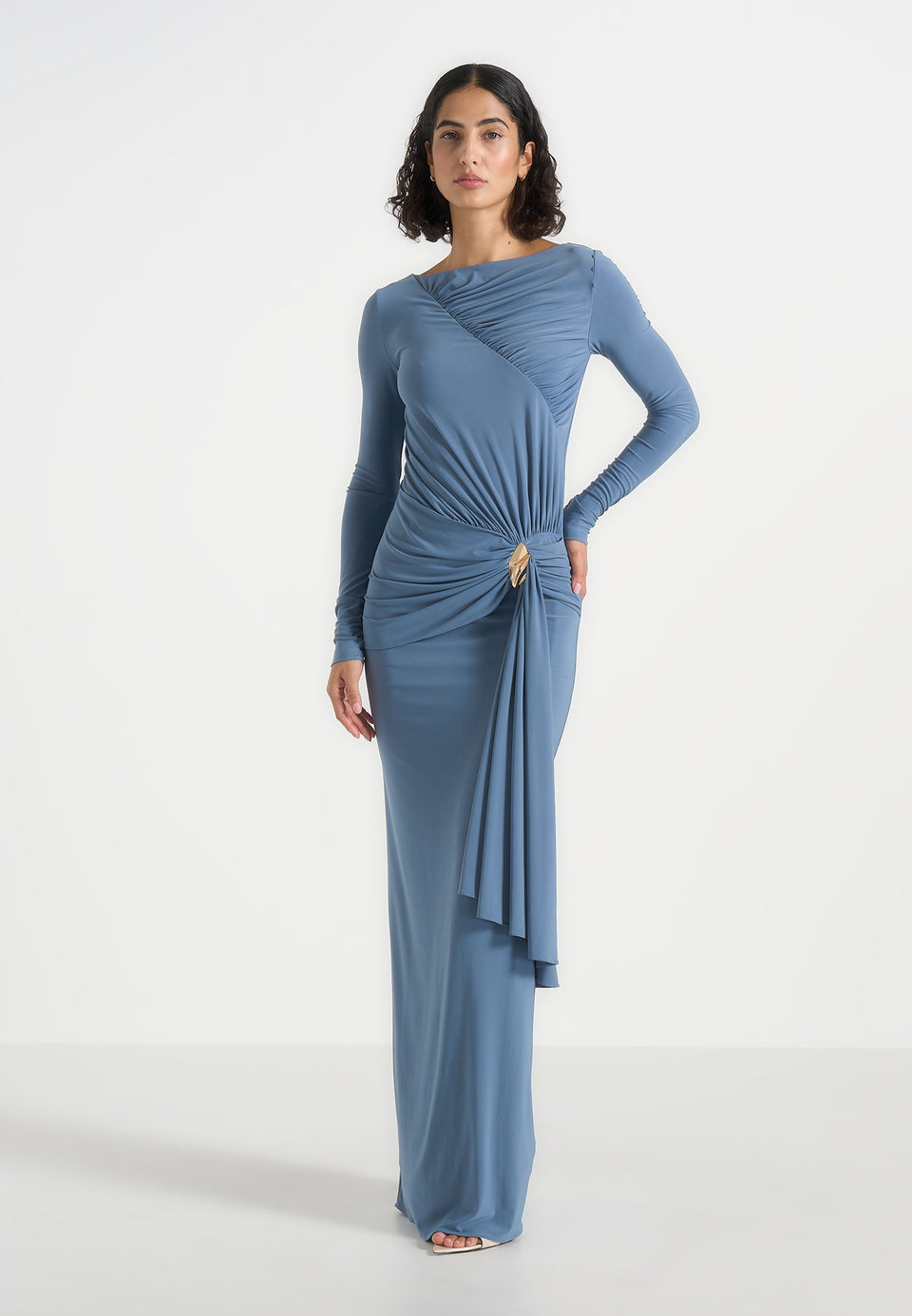 Edena - Asym Ruched Draped Maxi Dress - Blue