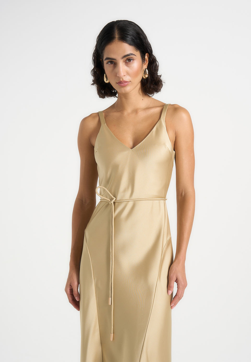 Saffron - Satin Belted Maxi Dress - Gold