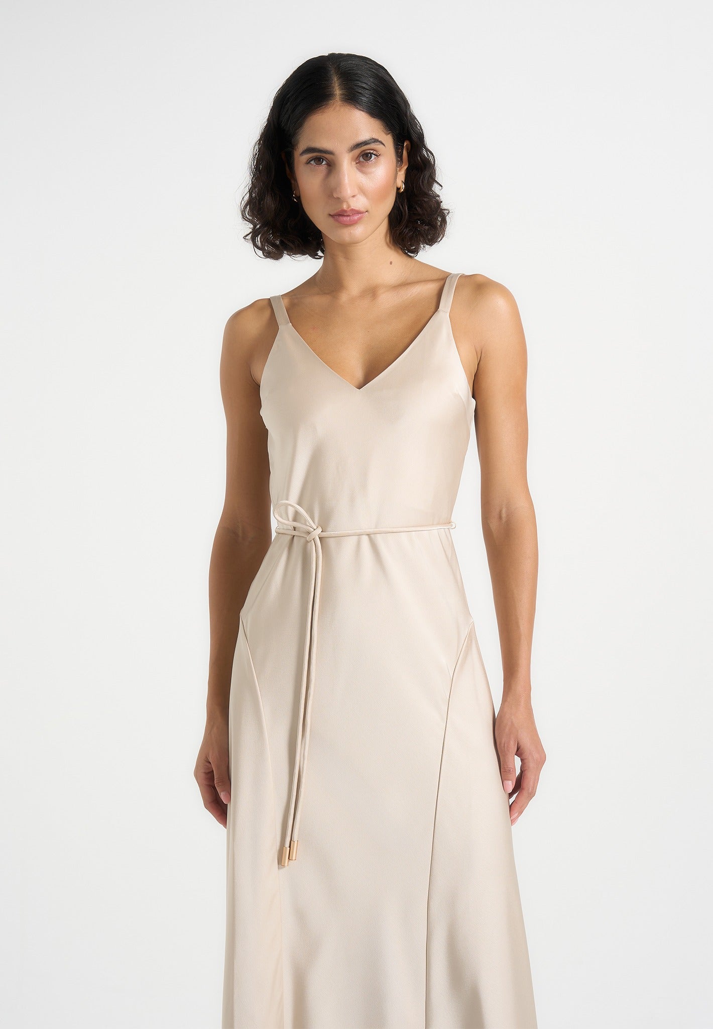 Saffron - Satin Belted Maxi Dress - Champagne