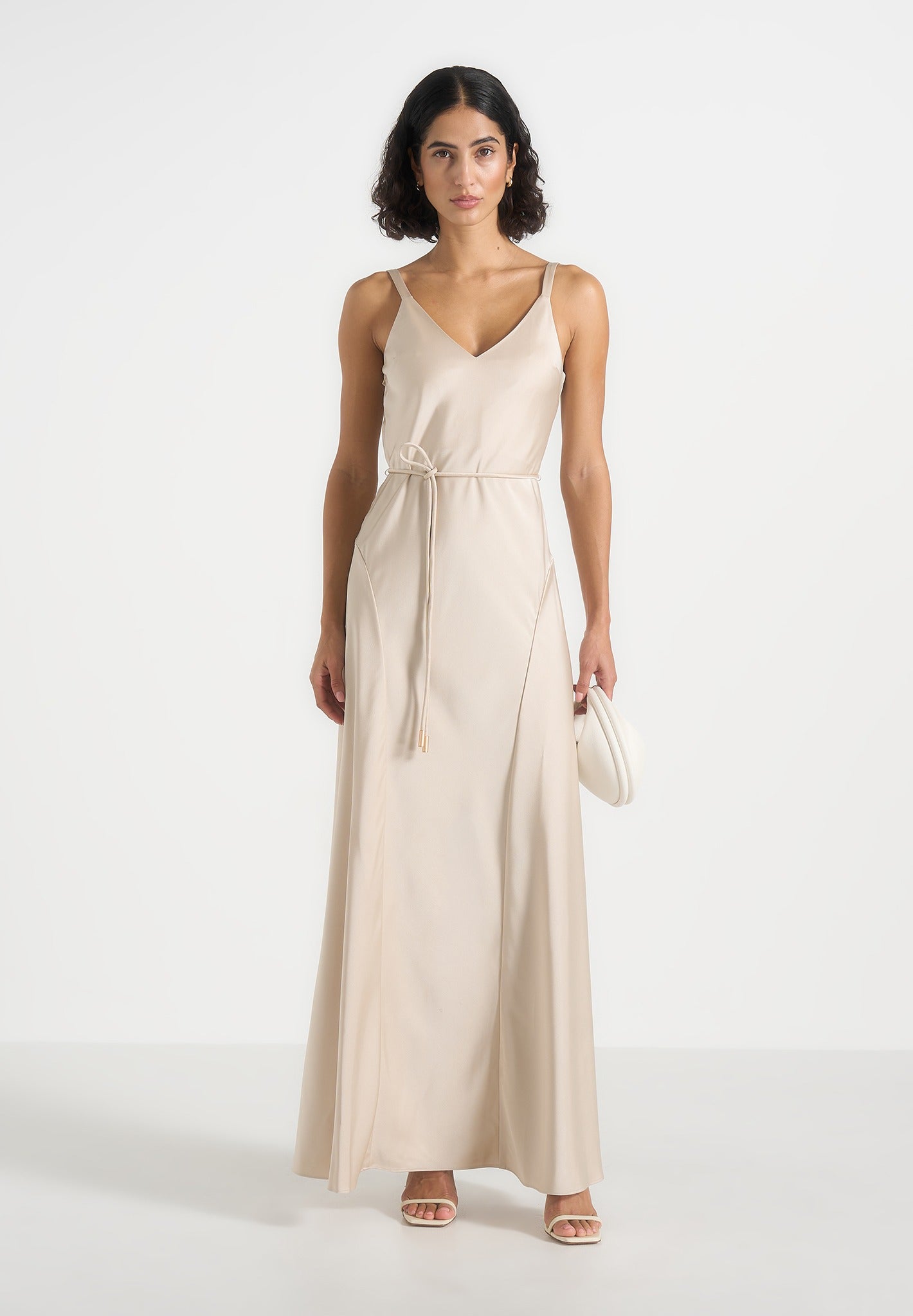 Saffron - Satin Belted Maxi Dress - Champagne 