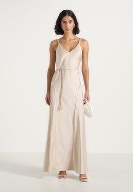Saffron - Satin Belted Maxi Dress - Champagne