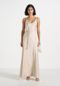 Saffron - Satin Belted Maxi Dress - Champagne