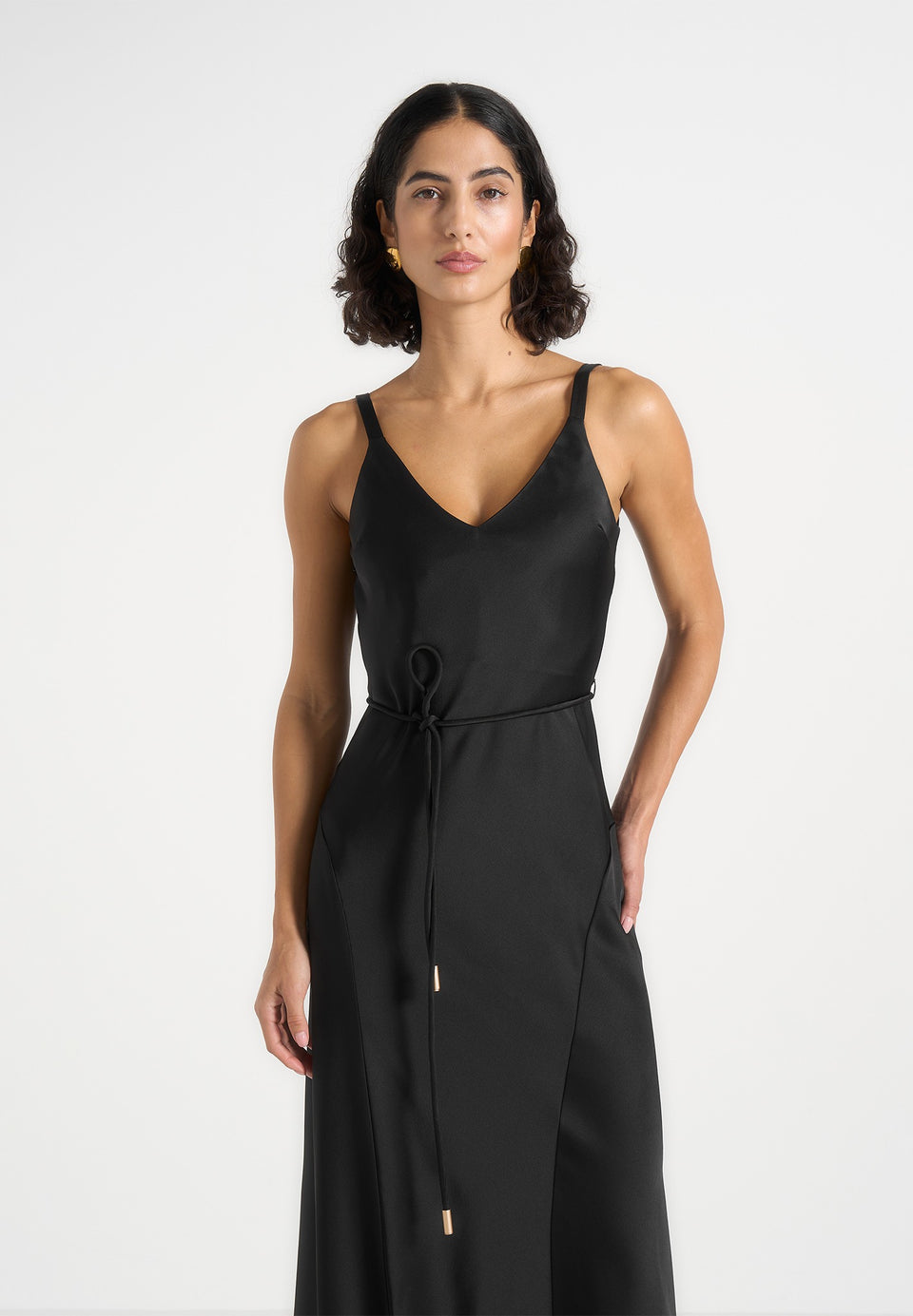 Saffron - Satin Belted Maxi Dress - Black