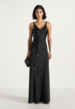 Saffron - Satin Belted Maxi Dress - Black