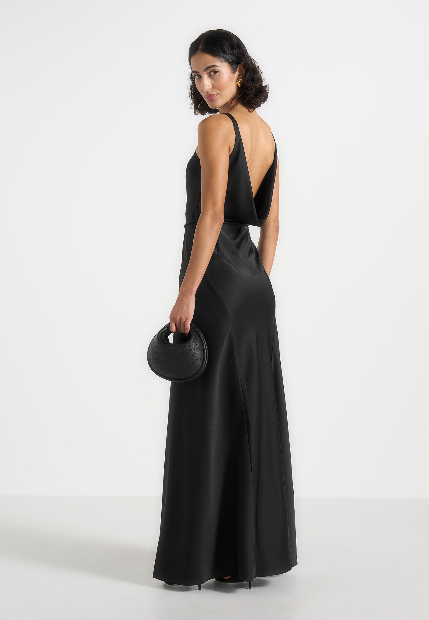 Saffron - Satin Belted Maxi Dress - Black