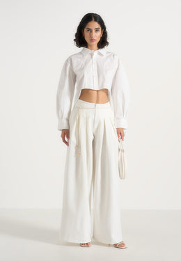 Flora - Box Pleat Wide Leg Belted Trousers - White