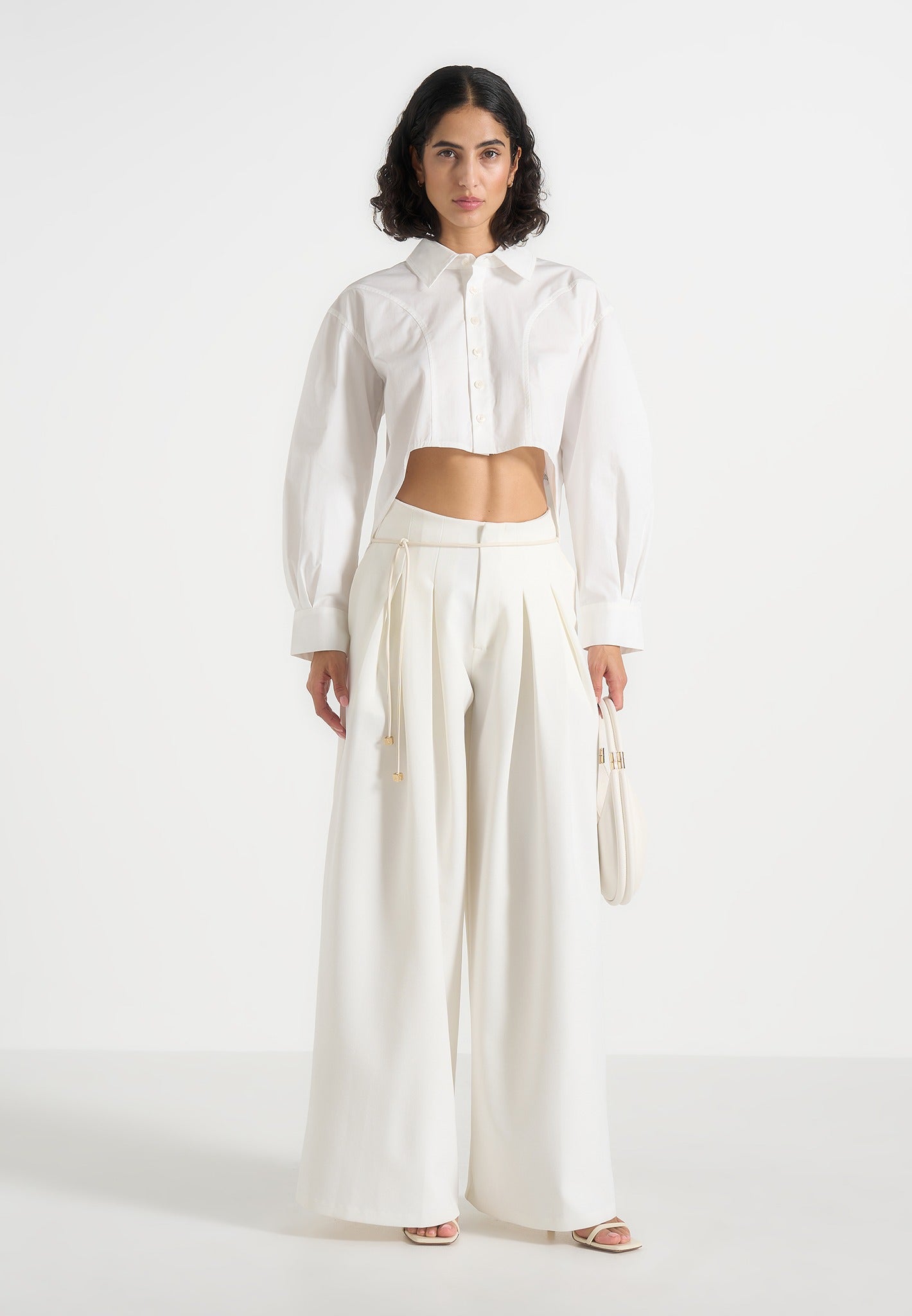 Flora - Box Pleat Wide Leg Belted Trousers - White