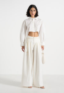Flora - Box Pleat Wide Leg Belted Trousers - White