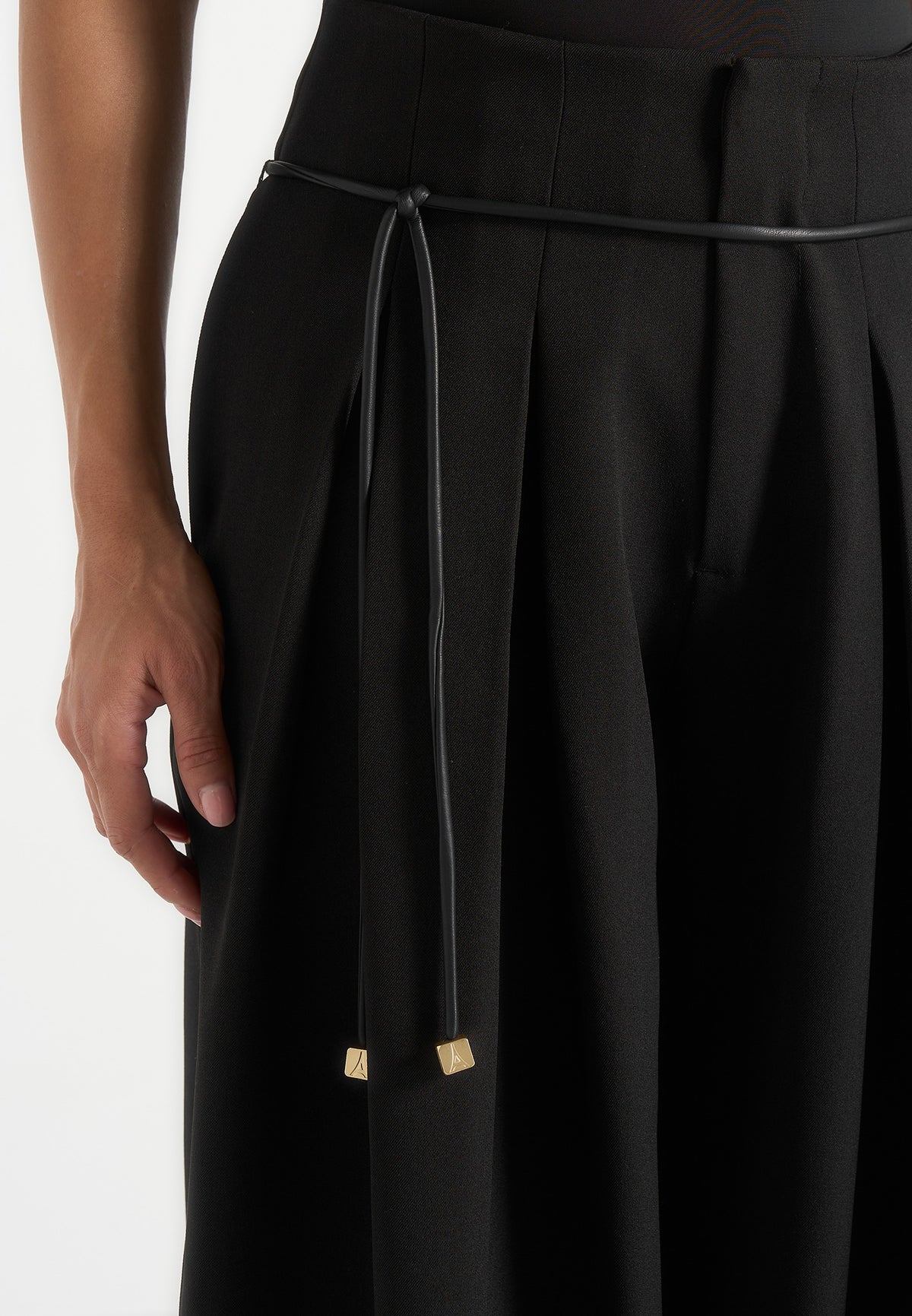 Flora - Box Pleat Wide Leg Belted Trousers - Black