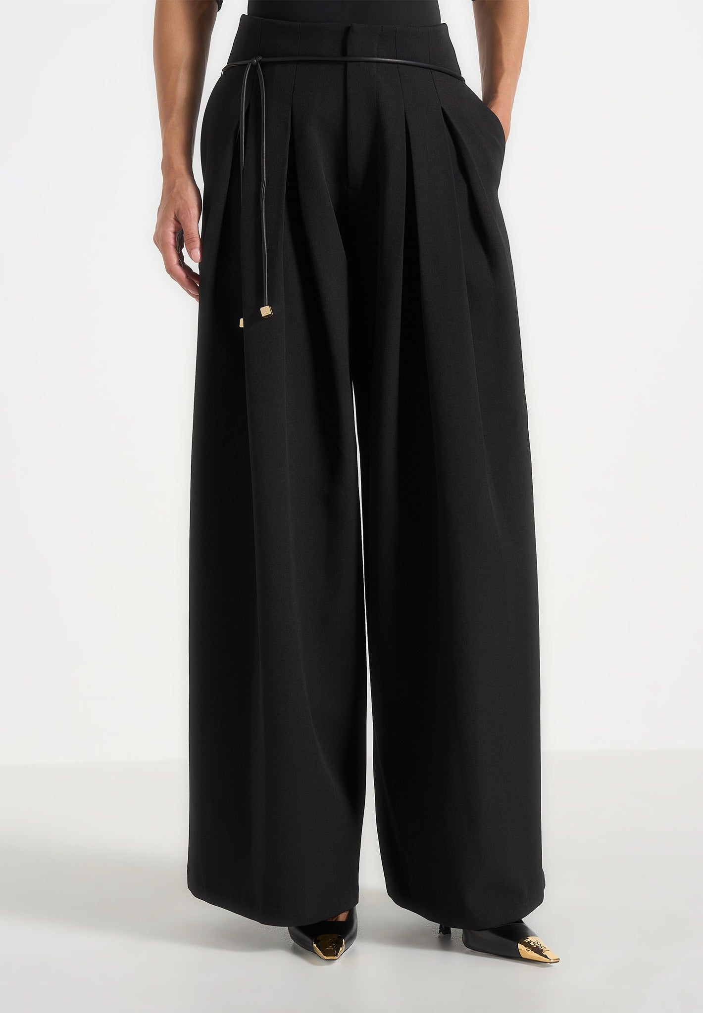 Flora - Box Pleat Wide Leg Belted Trousers - Black 