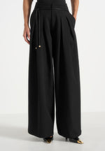 Flora - Box Pleat Wide Leg Belted Trousers - Black