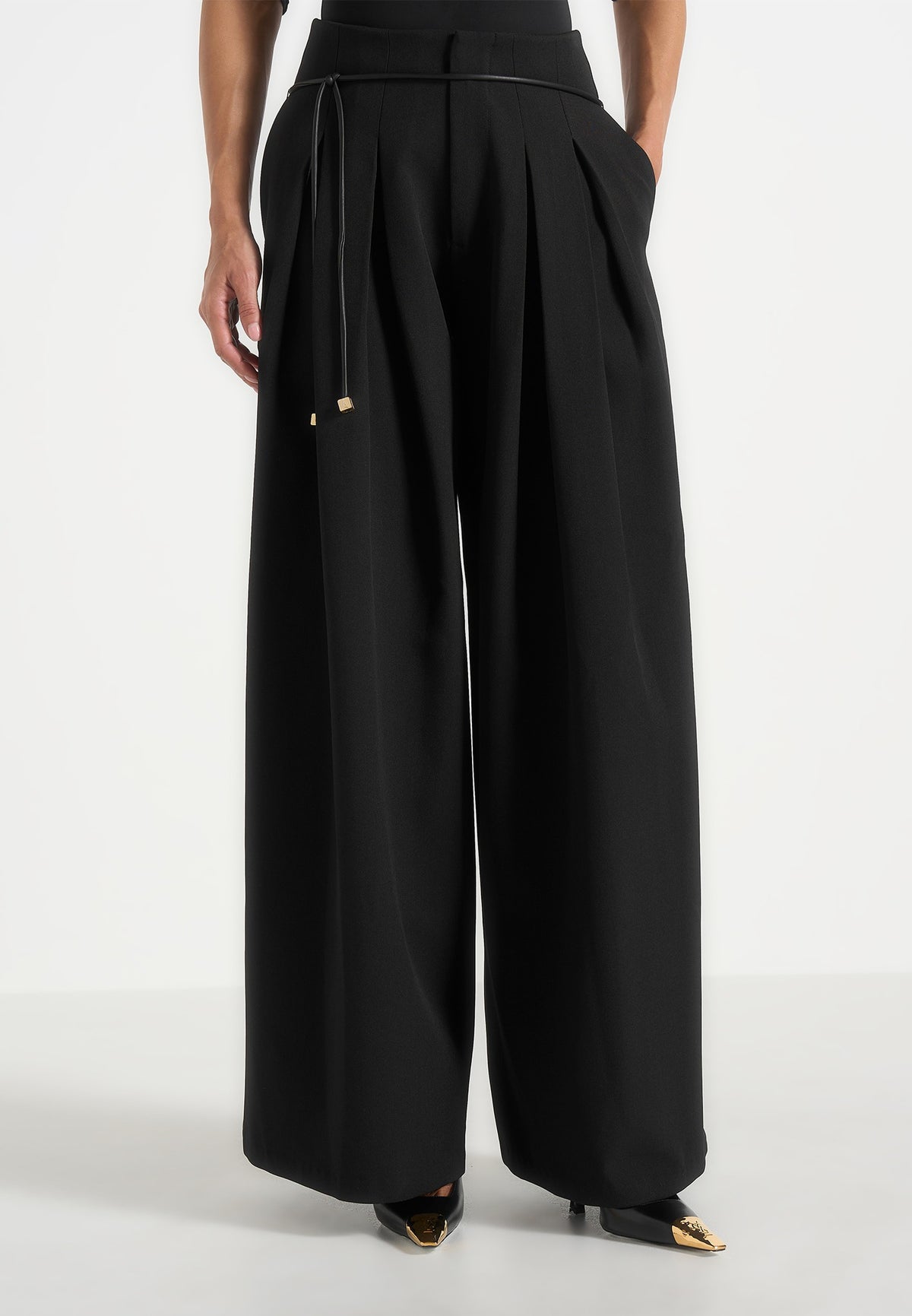 Flora - Box Pleat Wide Leg Belted Trousers - Black