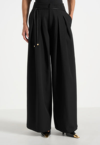 Flora - Box Pleat Wide Leg Belted Trousers - Black