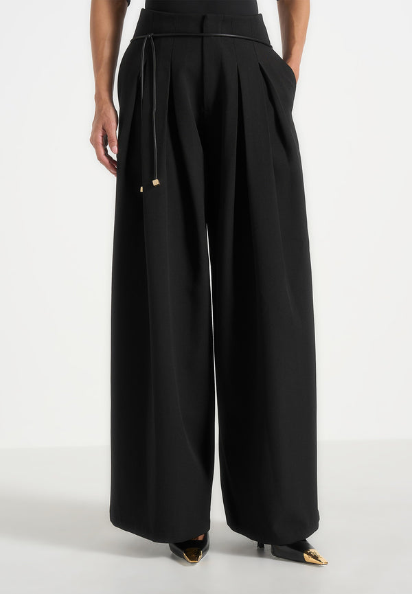 Flora - Box Pleat Wide Leg Belted Trousers - Black