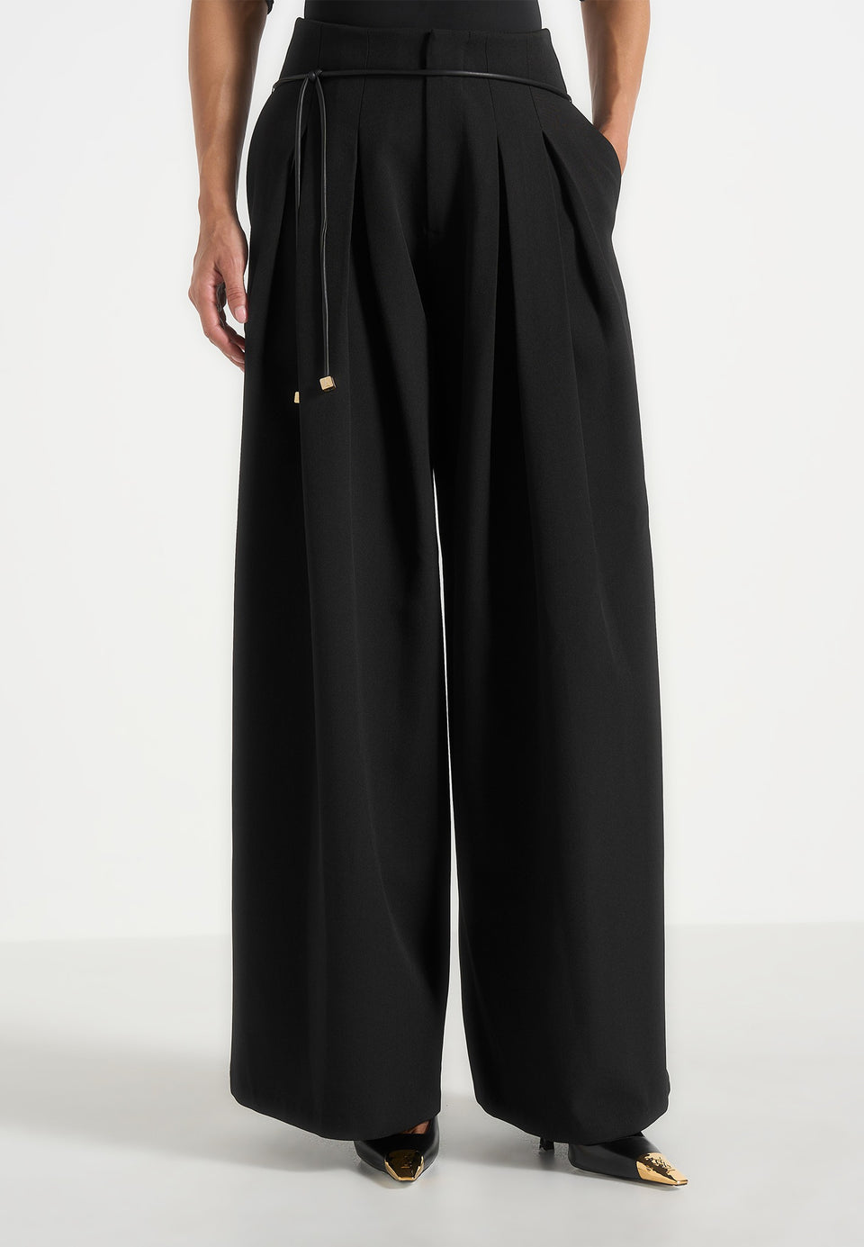 Flora - Box Pleat Wide Leg Belted Trousers - Black