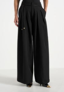 Flora - Box Pleat Wide Leg Belted Trousers - Black