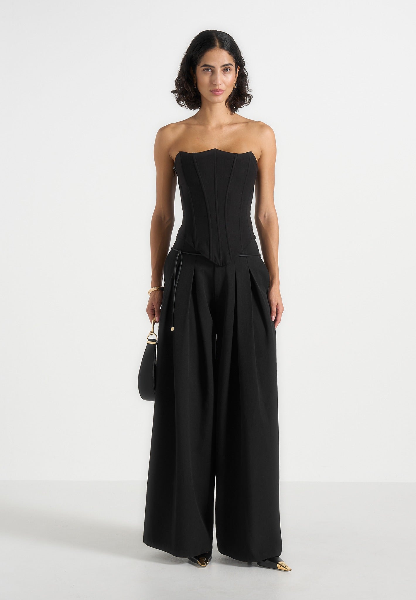 Flora - Box Pleat Wide Leg Belted Trousers - Black