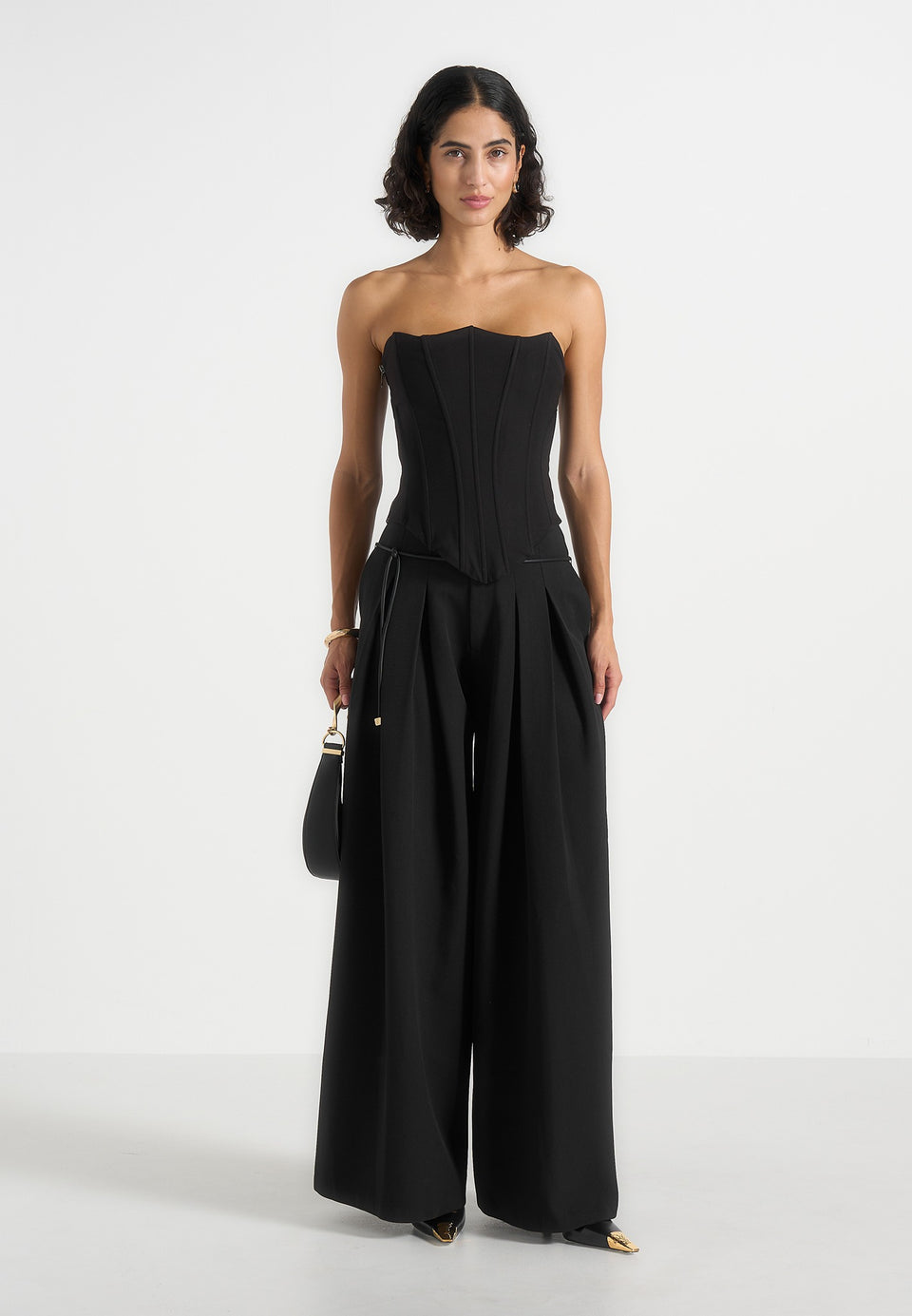 Flora - Box Pleat Wide Leg Belted Trousers - Black
