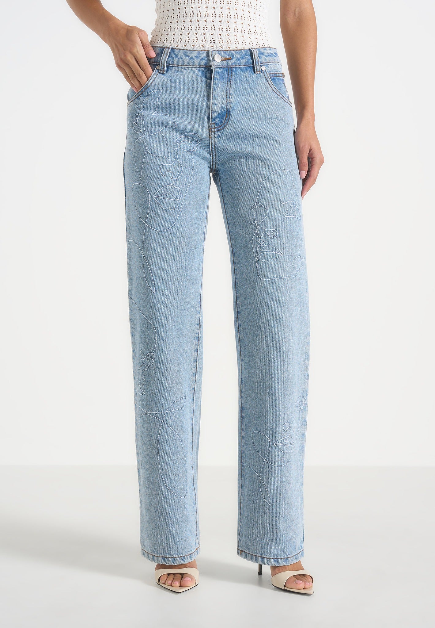 Calista - Line Art Denim Jeans - Mid Blue 