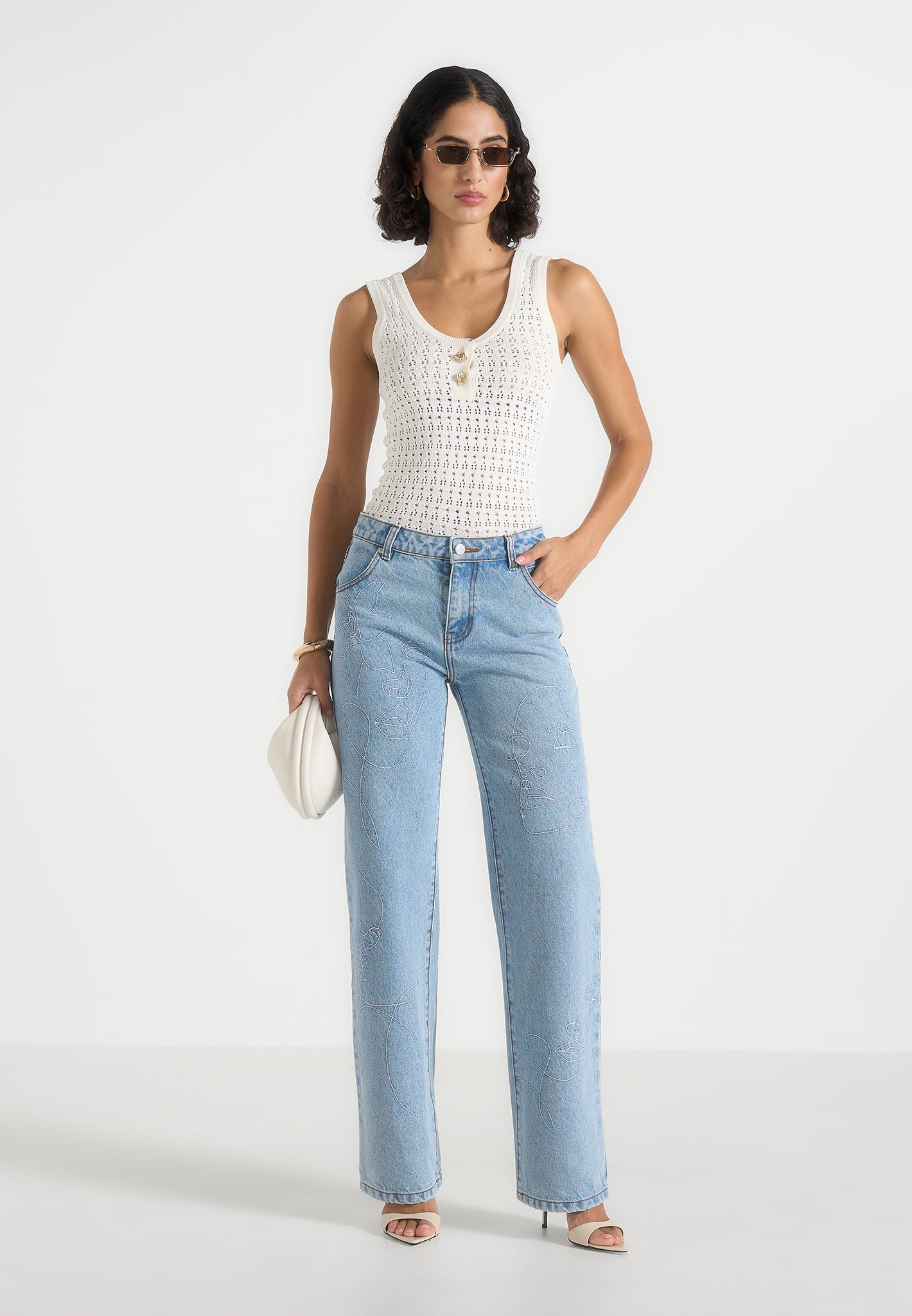 Calista - Line Art Denim Jeans - Mid Blue