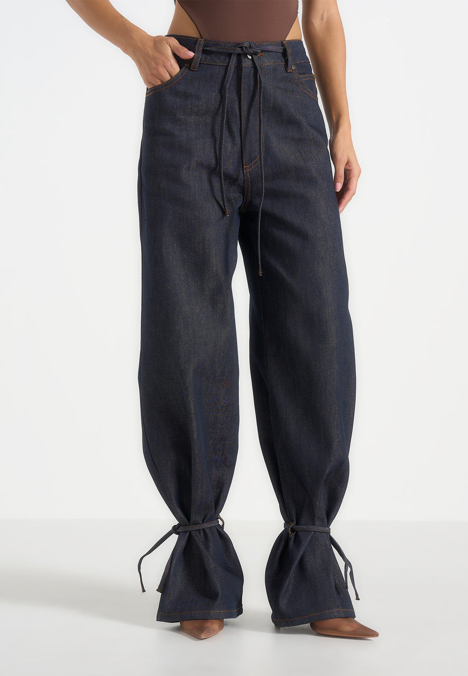 Faye - Wide Leg Denim Jeans With Ties - Indigo