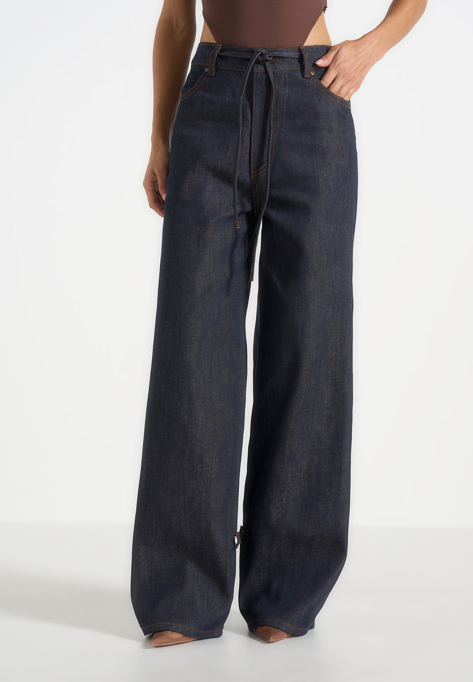 Faye - Wide Leg Denim Jeans With Ties - Indigo