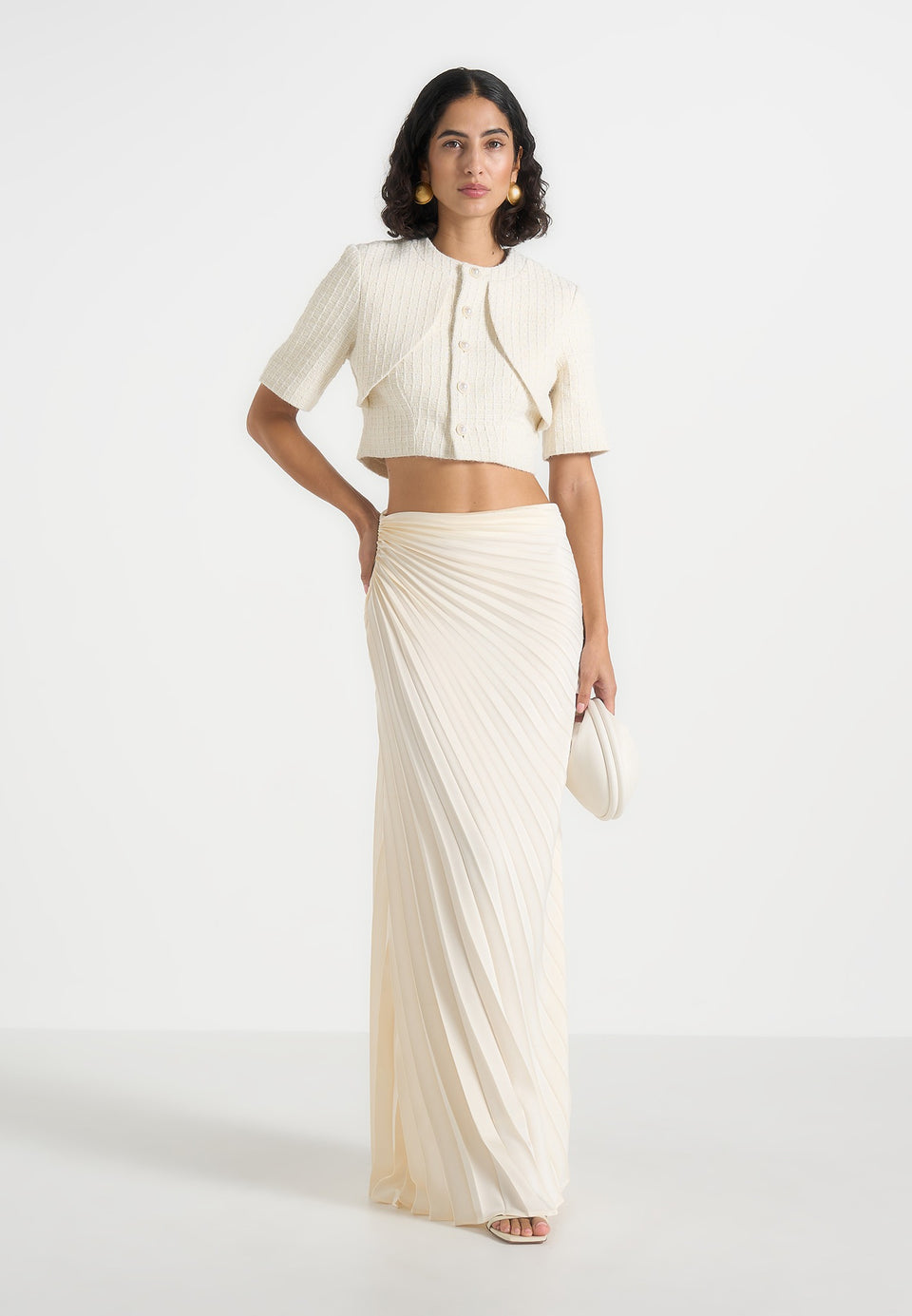 Fiona - Satin Fan Pleat Maxi Skirt - Ivory
