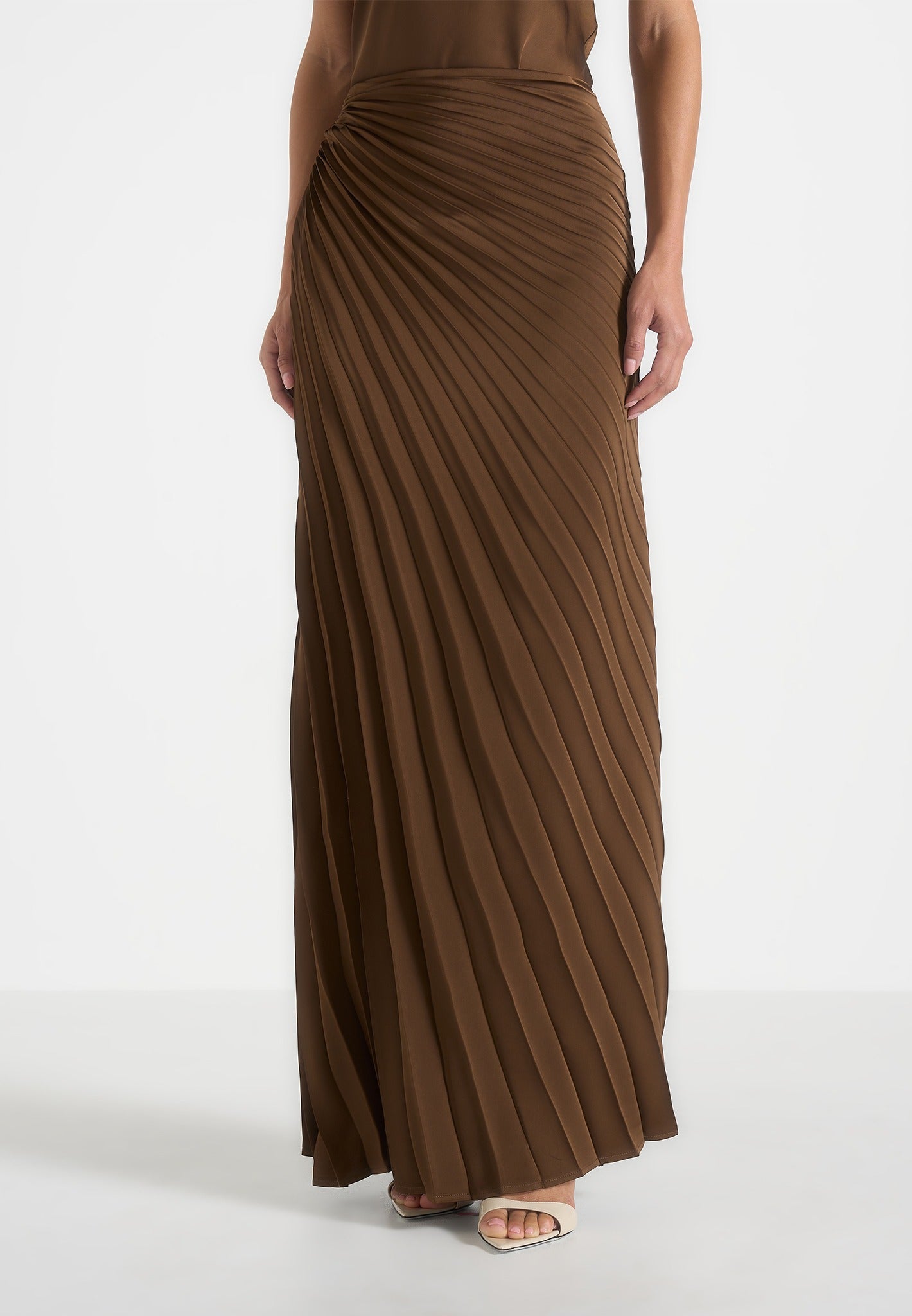 Fiona - Satin Fan Pleat Maxi Skirt - Brown 