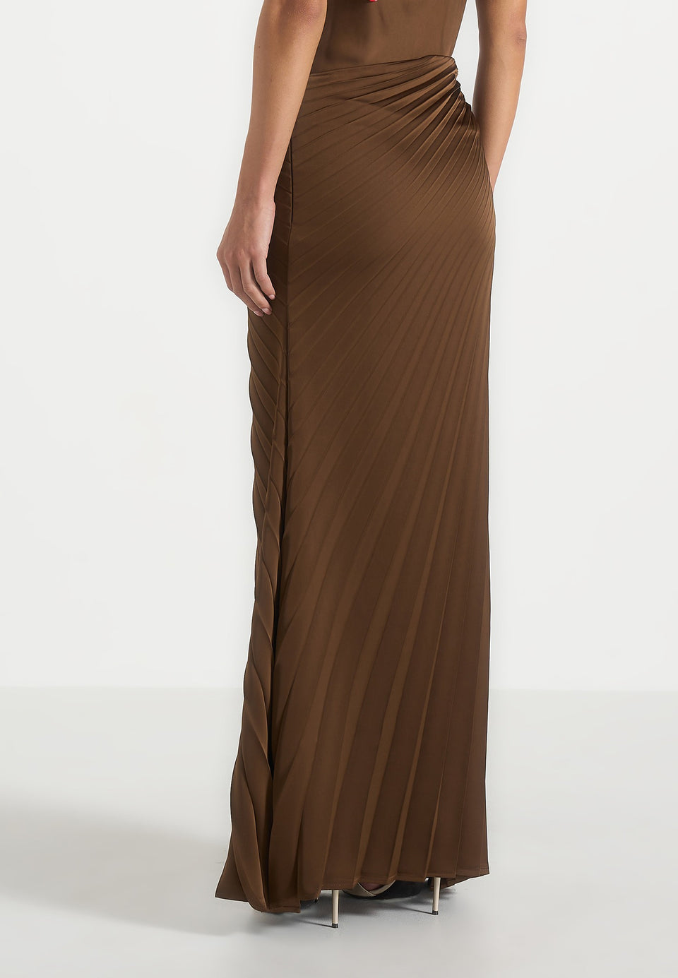 Fiona - Satin Fan Pleat Maxi Skirt - Brown
