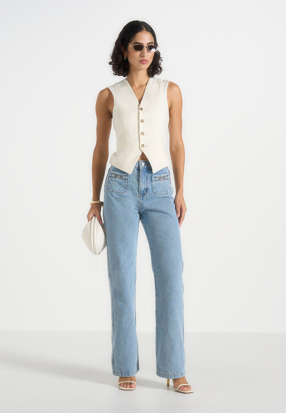 Frida - Eiffel Detail Straight Leg Denim Jeans - Mid Blue