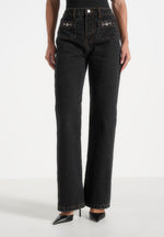 Frida -  Eiffel Detail Straight Leg Denim Jeans - Washed Black