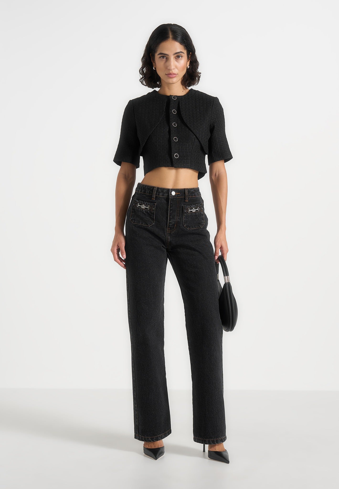Frida -  Eiffel Detail Straight Leg Denim Jeans - Washed Black
