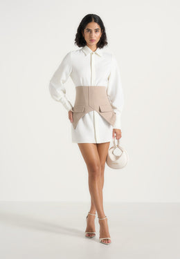 Keira - Corset Overlay Shirt Mini Dress - White/Taupe