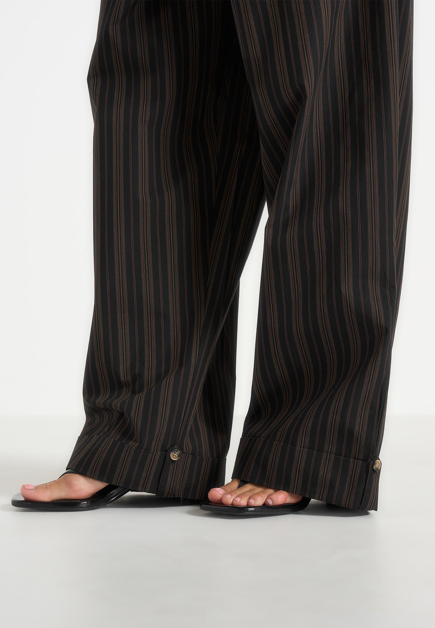 Ivanna - Elasticated Wide Leg Striped Cotton Trousers - Black/Brown