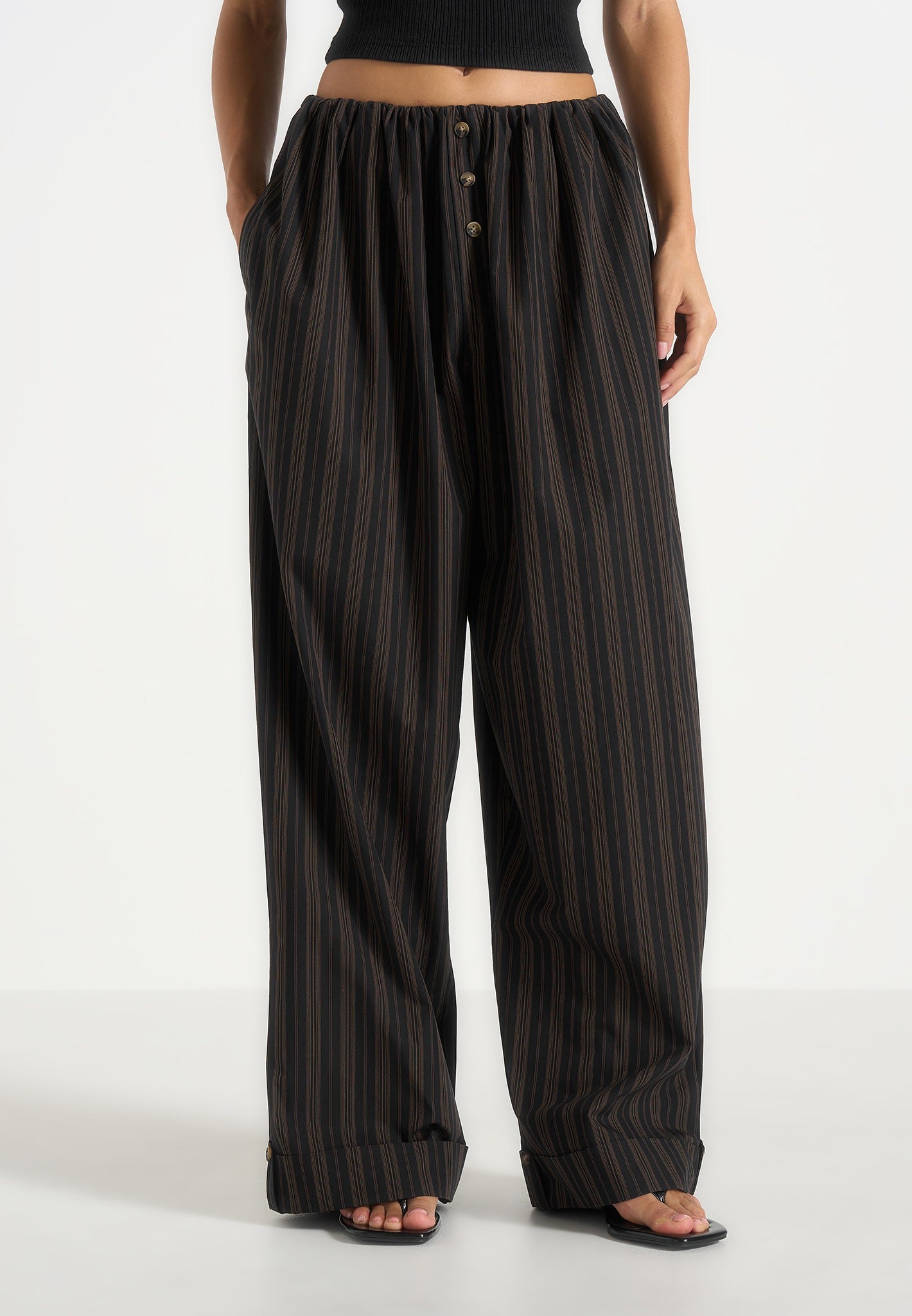 Ivanna - Elasticated Wide Leg Striped Cotton Trousers - Black/Brown
