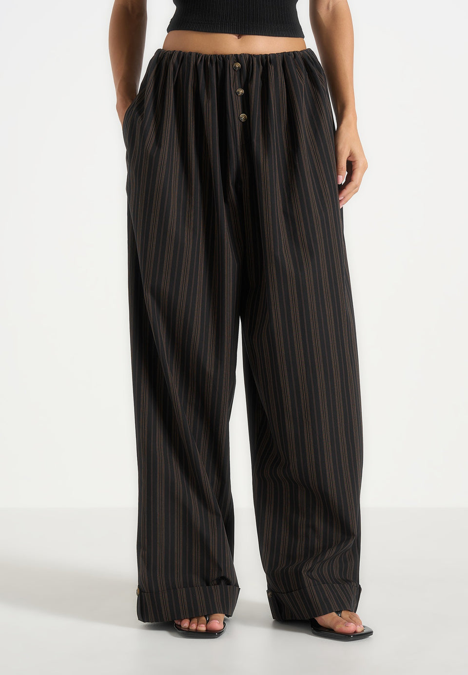 Ivanna - Elasticated Wide Leg Striped Cotton Trousers - Black/Brown