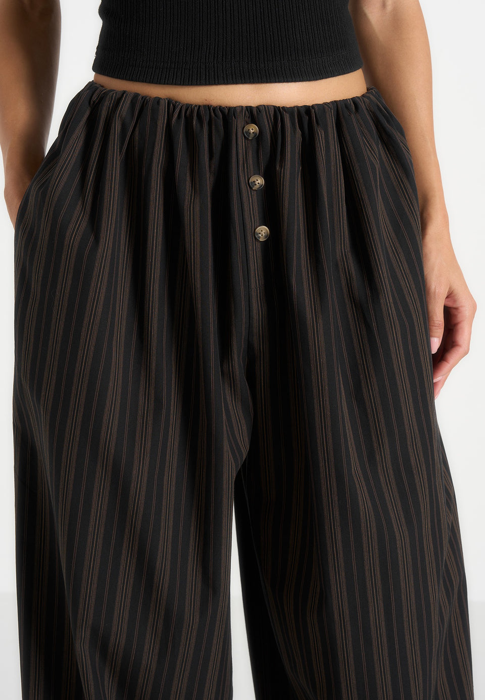 Ivanna - Elasticated Wide Leg Striped Cotton Trousers - Black/Brown
