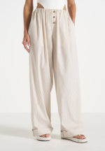 Ivanna - Elasticated Wide Leg Striped Cotton Trousers - Cream