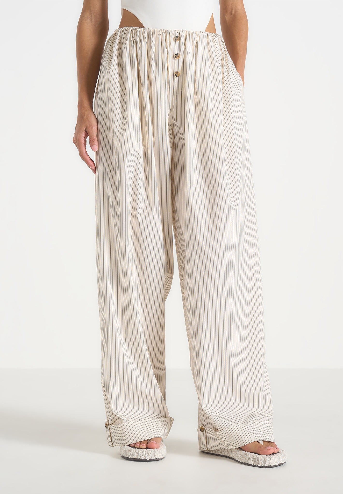 Ivanna - Elasticated Wide Leg Striped Cotton Trousers - Cream