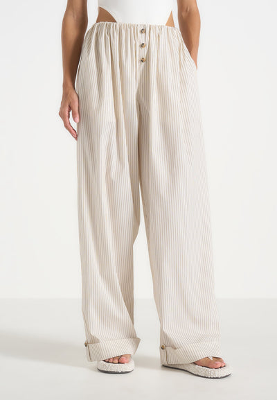 Ivanna - Elasticated Wide Leg Striped Cotton Trousers - Cream