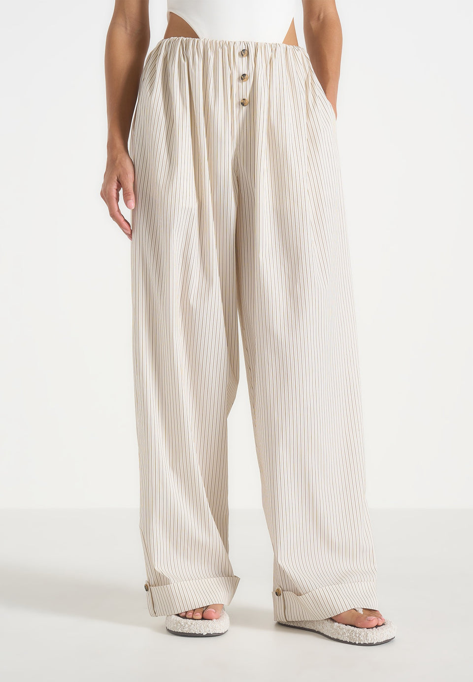 Ivanna - Elasticated Wide Leg Striped Cotton Trousers - Cream