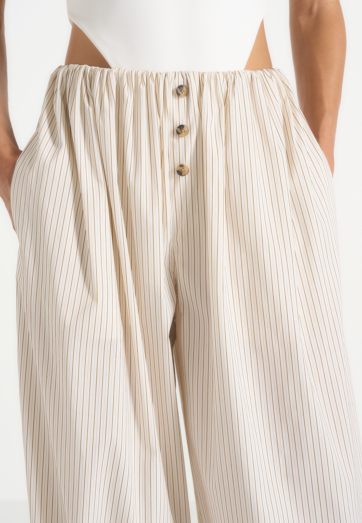 Ivanna - Elasticated Wide Leg Striped Cotton Trousers - Cream